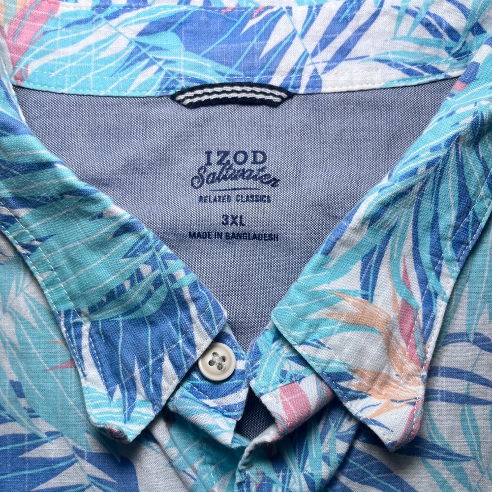 IZOD Saltwater Button Mens 3XL Blue Tropical Palm Bird of Paradise Excellent - Picture 2 of 7